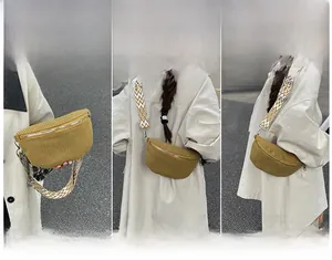 Three ways to wear a mustard corduroy waist bag with an adjustable patterned strap