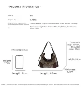 Detailed size chart of leopard print PU bag with dimensions 40x12x28cm and strap lengths