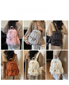 Collage of lightweight nylon backpacks in pink, grey, and black shown on a model