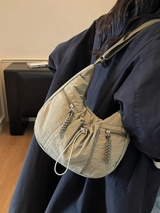 Olive green pleated crescent crossbody bag for women with large capacity and adjustable strap