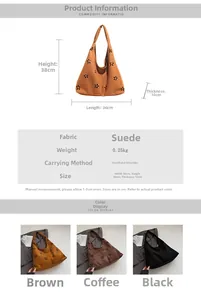 Detailed sizing and color options for the laser-cut suede hobo shoulder bag