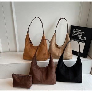 Detailed collection of minimalist hobo bags in suede-style brown, beige, coffee, and black