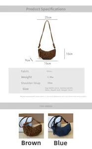 Detailed size specifications and color variants for the leopard print crescent crossbody bag