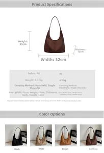 Detailed size chart for retro PU leather tote bag with measurements and color options