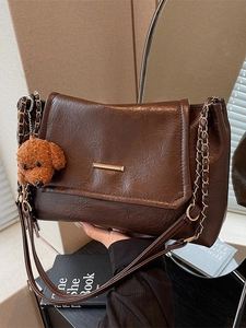 Vintage Women Underarm Bag Niche Design PU Leather Chain Strap Shoulder Crossbody Bag With Plush Dog Pendant For Commute Daily
