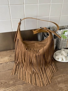 Borsa a Tracolla Vintage Bohemien con Frange da Donna in Similpelle PU Effetto Scamosciato con Nappe Borsa Hobo Grande Retrò