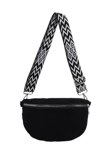 Large capacity black corduroy crescent saddle bag with ethnic diamond pattern wide strap