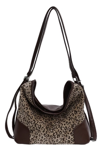 Leopard print canvas tote bag with brown leather trim and adjustable shoulder strap
