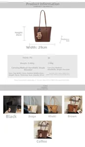 Size chart showing large woven tote bag dimensions with weight and five color options