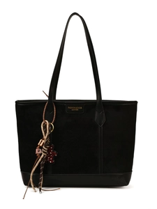 Vintage matte black large tote bag with leather patchwork and heart charm pendant