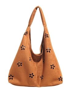 Brown hollow-out carved tote bag with large capacity and minimalist retro shoulder design