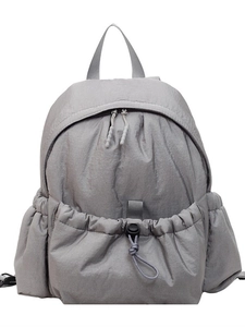 Minimalist grey canvas backpack for students with drawstring pocket and large capacity