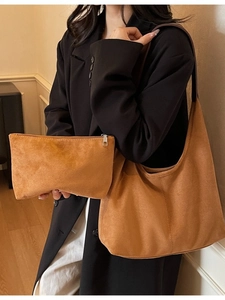 Caramel faux suede hobo shoulder bag set with matching pouch for autumn casual wear