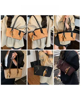 Quilted suede tote bags with wooden beads fringe shown in a multi-angle lifestyle display