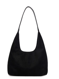Retro black faux suede hobo tote bag with spacious interior for daily casual commuting