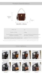Detailed size chart for the PU leather bucket bag with dimensions and color options