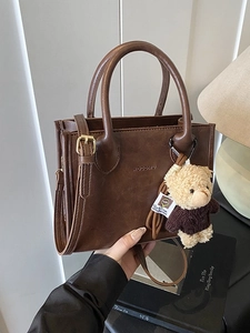Vintage PU Leather Small Square Crossbody Bag For Women Fashion Casual Handbag With Bear Pendant Commuting Shoulder Bag