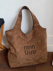 Vintage Suede Large Capacity Tote Bag For Women Autumn Winter Letter Print Shoulder Bag Retro Commuter Shopping Handbag
