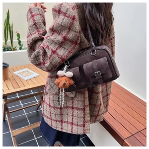 Retro dark brown Boston shoulder bag with dual front pockets and cute bear charm