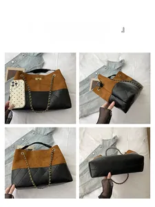 Detail shots of a retro suede tote bag showing multi-angle views and a gold twist lock