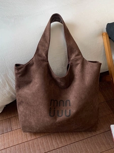 Brown large suede tote bag with minimalist lettering logo for autumn winter daily use
