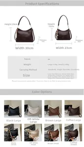 Size guide for vintage PU leather handbag showing dimensions for large and small versions