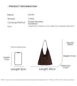 Size chart showing dimensions for the large suede tote bag with perforated floral patterns