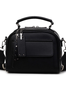 Vintage black lychee pattern leather handbag with wide shoulder strap and metal accents