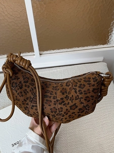 Fashion Leopard Print Denim Crescent Crossbody Bag For Women Vintage Hobo Shoulder Bag With Knot Strap Casual Versatile Bag