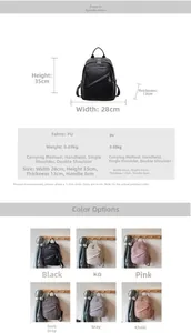 Detailed size chart for the PU leather backpack showing 35x28x13cm dimensions and weight