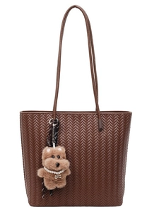 Borsa tote intrecciata marrone retrò per donna con spalline lunghe e ciondolo a cane