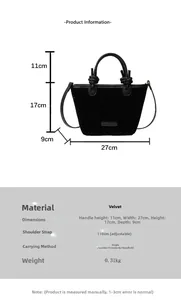 Detail view of black velvet bucket bag with size chart measurements and knotted top handle