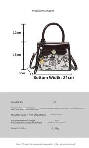 Detailed size guide of Chinese landscape print handbag with dimensions and golden clover lock