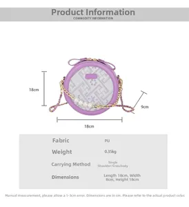 Detail specifications of the purple pearl-embellished round bag with gold chain straps
