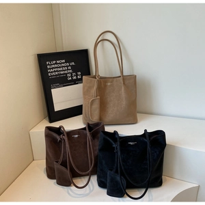 Three large matte suede tote bags in khaki, coffee, and black with matching coin purses