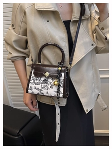 Detailed shot of contrast color mini bag featuring clover lock and ink landscape pattern