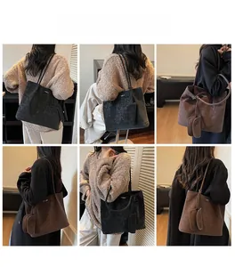 Model display of large vintage matte tote bag with matching hanging pouch set