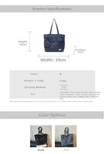 Detailed size specifications for large denim tote bag including width, height and depth