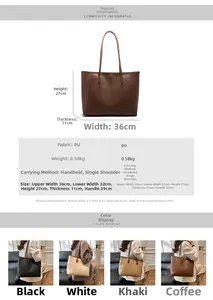 Detailed size chart and specifications for large capacity minimalist faux leather tote bag