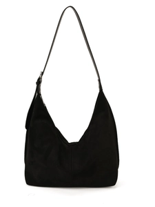Large black suede hobo bag with adjustable strap for women in a minimalist retro style
