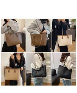 Detail view of large tote bags in four colors showing shoulder strap and fit on models