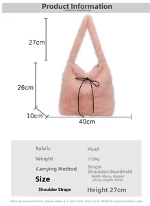 Tableau des tailles d'un sac cabas en peluche rose avec nœud noir, dimensions 40x26x10cm