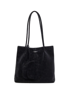 Retro black faux suede tote bag with large capacity, dual shoulder straps and a mini charm pouch