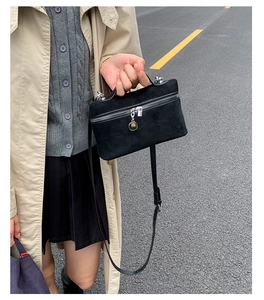 Detail shot of a black suede mini handbag with silver hardware and a top handle