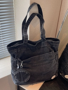 Large Capacity Denim Tote Bag For Women Vintage Washed Jean Shoulder Bag With Coin Purse Casual Multi-pocket Handbag