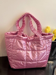 Pink quilted puffer tote bag with scrunchie handles and large capacity casual design