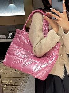 Pink quilted down tote bag in shiny metallic nylon fabric with ruched handles for women