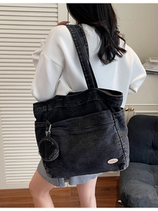 Large black denim tote bag with Good Luck leather patch and matching coin purse