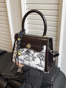 Retro Landscape Print PU Leather Small Square Bag Contrast Color Women Crossbody Bag Top Handle Shoulder Bag Fashion Handbag