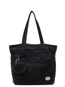 Large black denim tote bag with front zipper pocket and round lucky coin pouch
